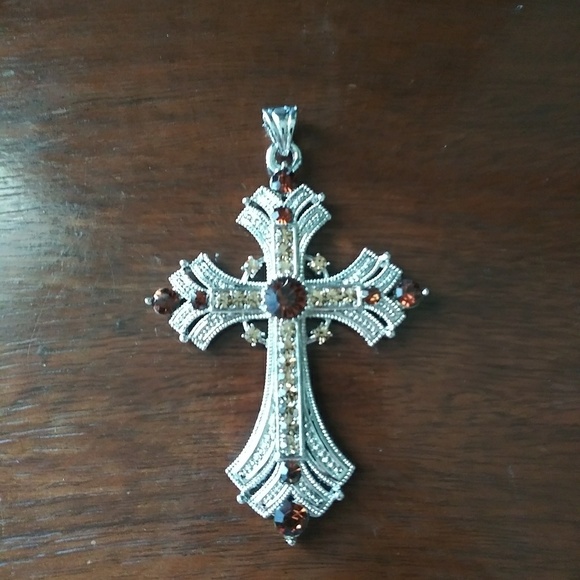 Vintage cross with orange crystals pendant - Picture 7 of 8